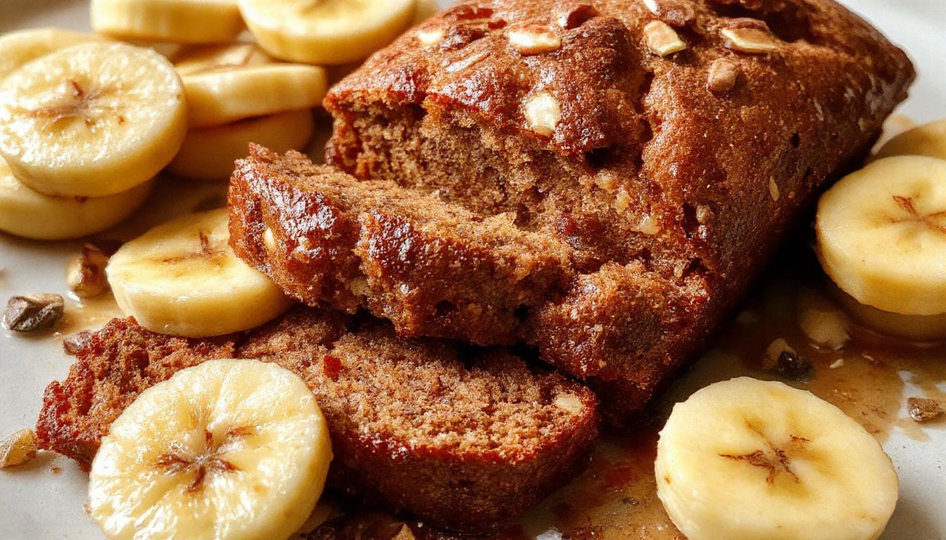 A slice of moist, golden-brown gluten-free banana bread on a white plate, topped with a few slices of ripe banana and a sprinkle of crushed nuts. The bread's crumb looks soft and dense with a slightly textured crust. The background shows a rustic wooden table with a few whole bananas and a sprig of fresh mint nearby, creating an inviting, wholesome atmosphere.