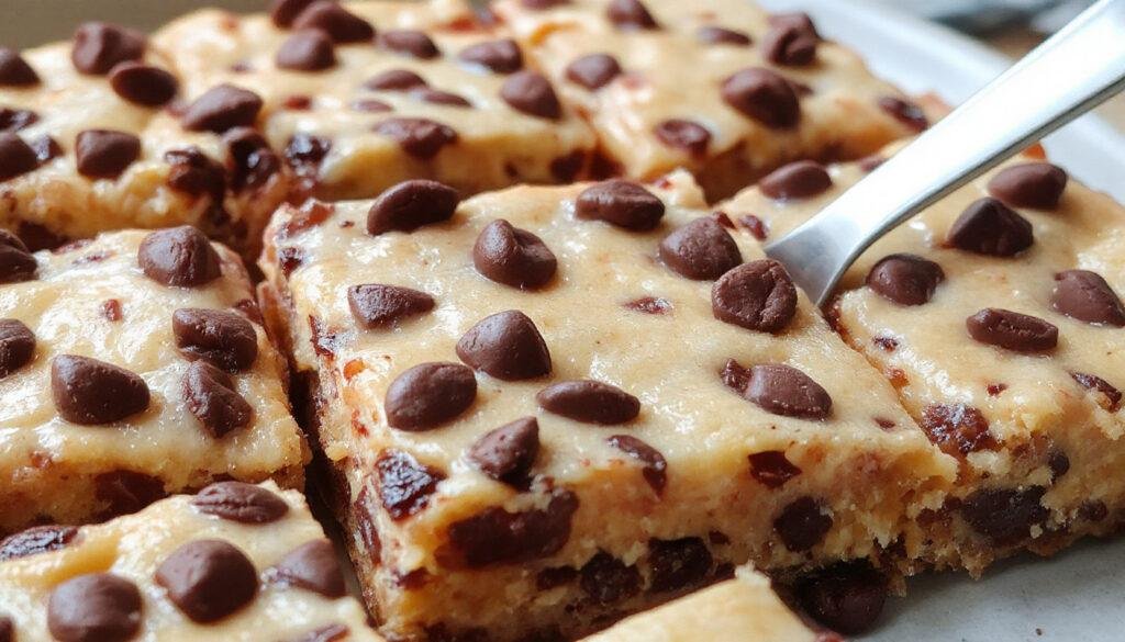 A close-up of rectangular healthy no-bake cookie dough bars with a golden-brown crust topped with a layer of creamy cookie dough mixture, garnished with chocolate chips and chopped nuts. The bars are neatly sliced and presented on a rustic wooden platter, showcasing their textured surface and inviting appearance.
