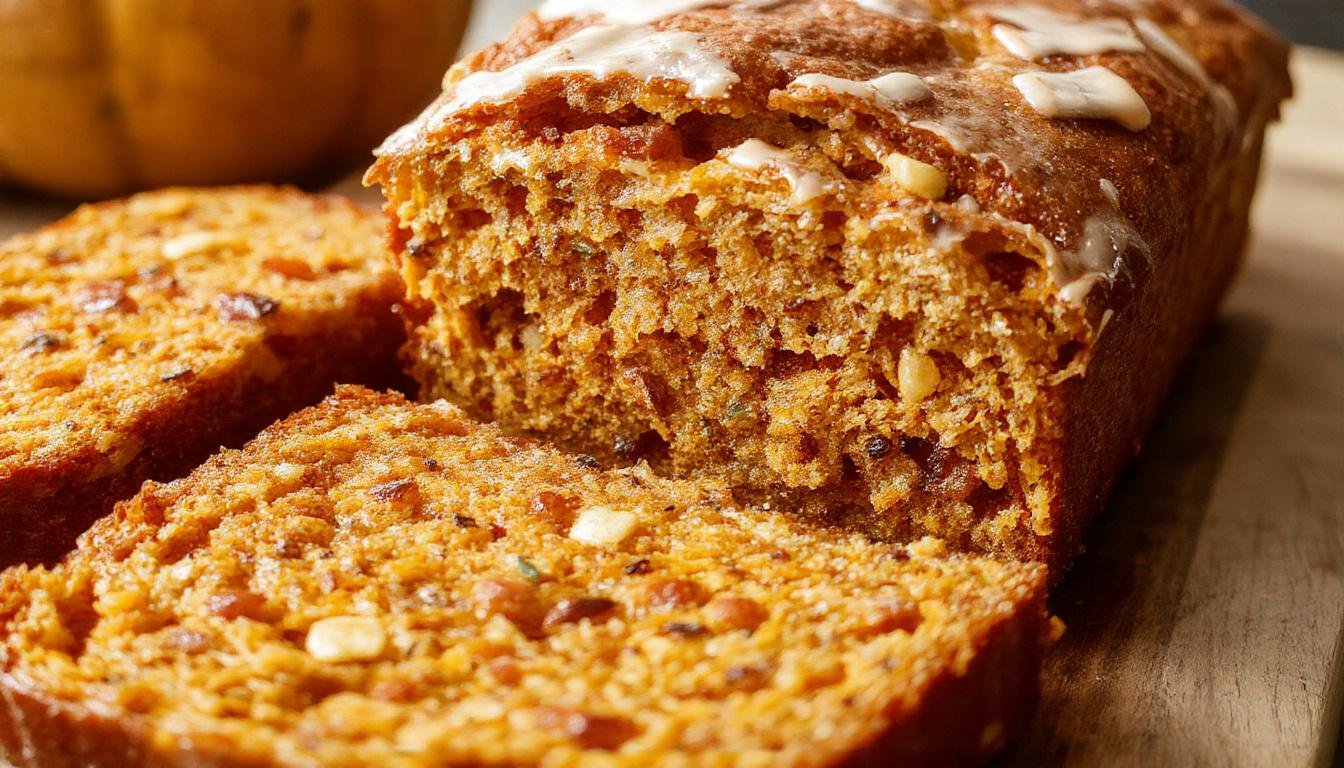 A slice of moist, golden-brown pumpkin bread with visible specks of protein powder, topped with a light dusting of cinnamon and a drizzle of honey, placed on a rustic wooden plate with a fork beside it. The loaf is partially sliced, revealing its fluffy crumb and tender texture, set against a neutral background with autumn-themed accents.