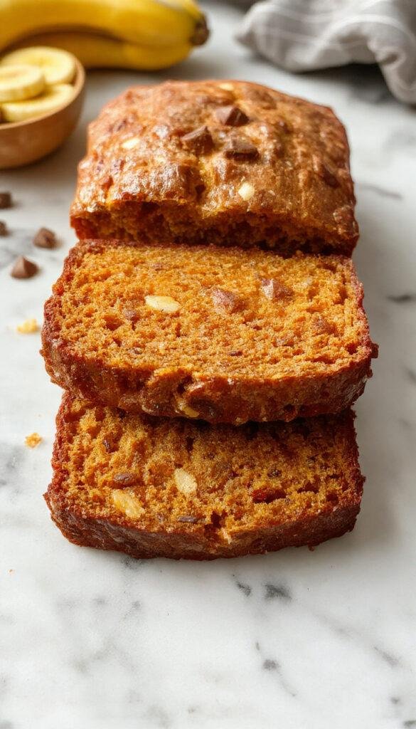 A slice of healthy pumpkin banana bread on a wooden plate, garnished with walnuts and a sprig of cinnamon, with whole pumpkins and bananas in the background.