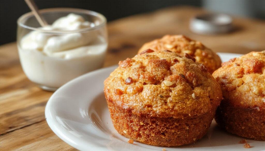 A batch of golden-brown pumpkin muffins topped with a sprinkle of cinnamon sits neatly in a white ceramic baking dish. Some muffins have a slightly cracked surface, revealing a moist interior. Fresh pumpkin slices and a dollop of Greek yogurt decorate the side of the tray, with warm autumn lighting highlighting the fluffy texture of the muffins and the vibrant orange hue of the pumpkin.