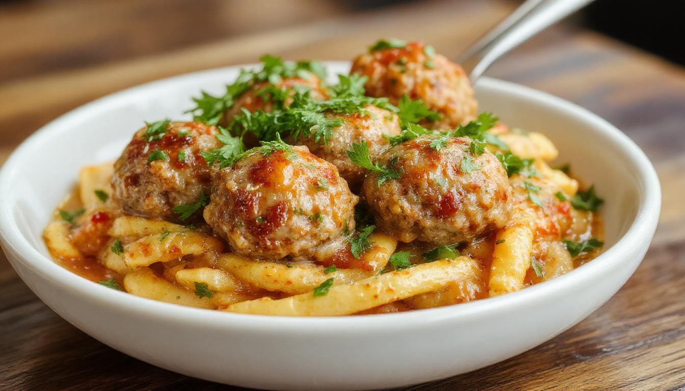 A close-up of vibrant vegan mushroom meatballs arranged neatly on a rustic wooden platter. The meatballs are golden-brown, with a crispy exterior, garnished with fresh chopped herbs. In the background, a small bowl of rich tomato sauce and a sprig of basil add color and complement the dish. The presentation emphasizes the hearty, wholesome nature of the plant-based comfort food.