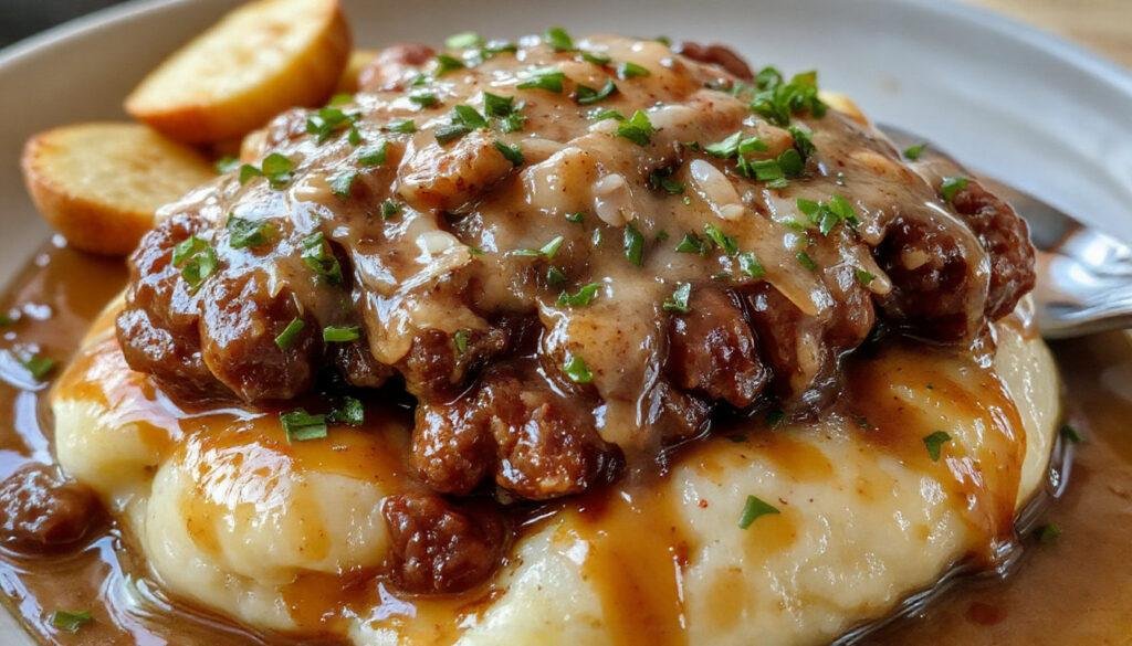 A close-up of a rustic white plate featuring two golden-brown sausages atop creamy mashed potatoes, drizzled with rich, dark onion gravy. The meal is garnished with a sprig of fresh herbs, and the plate is set against a warm, wooden table, conveying a hearty and inviting British pub-style presentation.