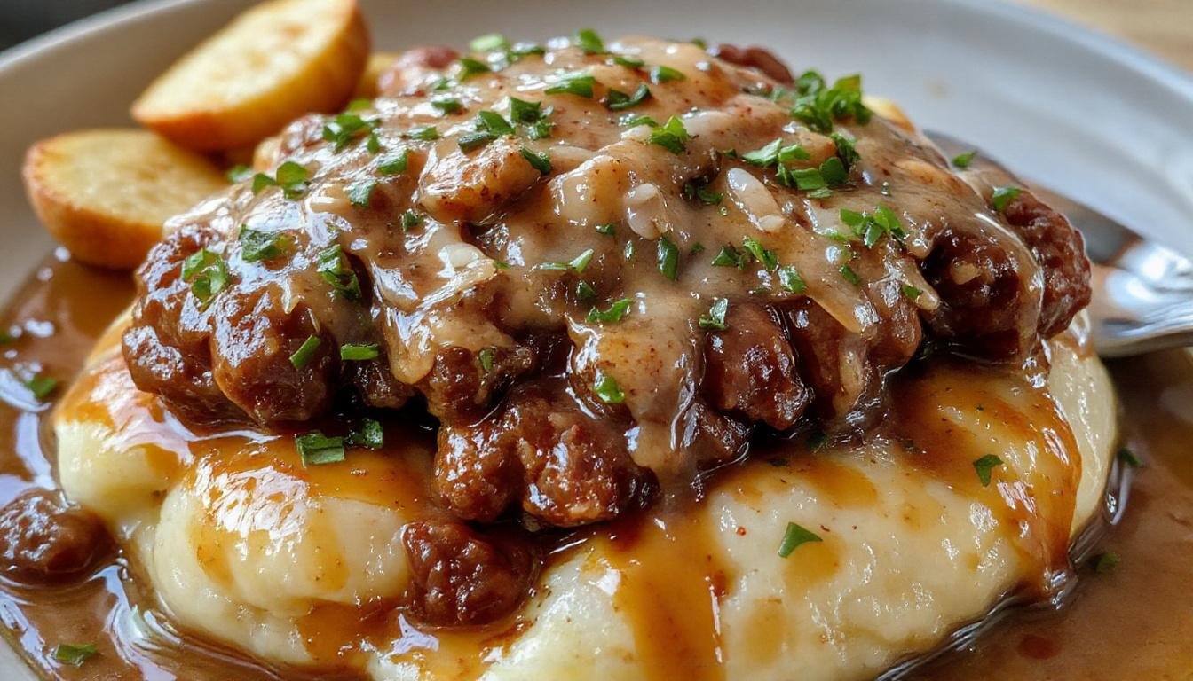A close-up of a rustic white plate featuring two golden-brown sausages atop creamy mashed potatoes, drizzled with rich, dark onion gravy. The meal is garnished with a sprig of fresh herbs, and the plate is set against a warm, wooden table, conveying a hearty and inviting British pub-style presentation.