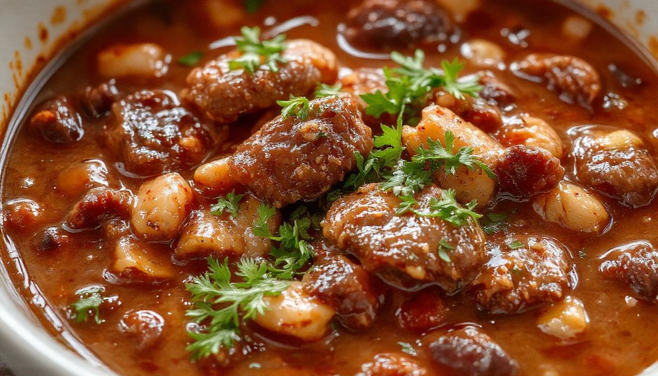 A steaming bowl of hearty beef chili topped with shredded cheese, chopped cilantro, and a dollop of sour cream. The chili features tender beef chunks, kidney beans, and a rich, thick tomato base. The bowl is placed on a rustic wooden table with a spoon beside it, and colorful toppings add visual appeal.