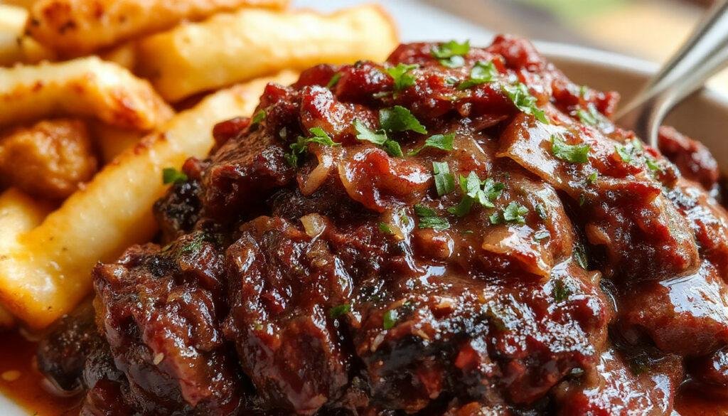 A steaming bowl of hearty Beef Manhattan featuring tender chunks of beef in a rich, dark gravy, garnished with fresh herbs and served with a side of crusty bread. The dish is presented in a rustic, deep dish bowl, with the glossy sauce highlighting the robust textures of the meat and vegetables, inviting comfort and warmth.