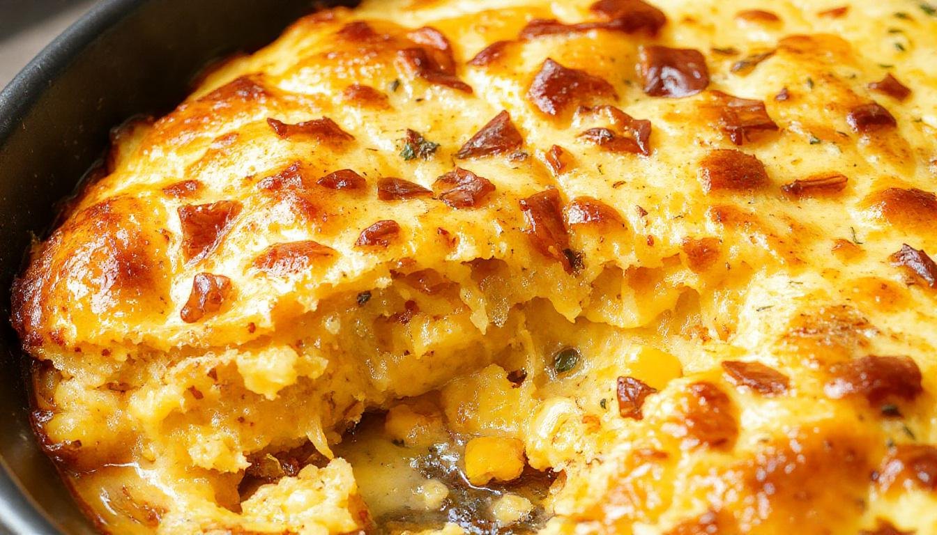 A golden-brown Cowboy Cornbread Casserole in a rustic cast iron skillet, topped with melted cheese and crispy bacon bits, garnished with chopped green onions, with a slice served on a rustic plate showing moist cornbread texture and hearty ingredients.