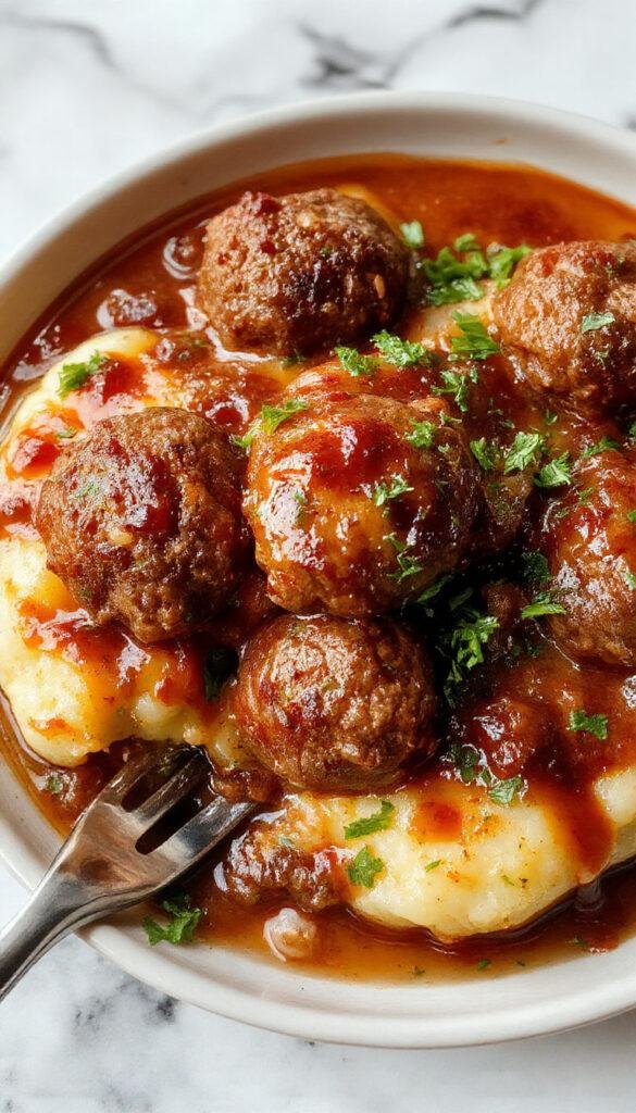 A savory meatball and mashed potato bake in a baking dish topped with melted cheese, garnished with fresh parsley, next to a serving spoon.
