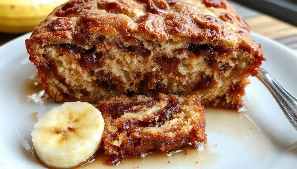 A freshly sliced cinnamon swirl banana bread loaf with a golden-brown crust, showcasing the swirls of cinnamon throughout the moist crumb, presented on a rustic wooden board with a few banana slices and a drizzle of caramel sauce nearby.
