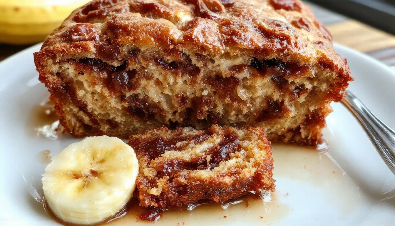 A freshly sliced cinnamon swirl banana bread loaf with a golden-brown crust, showcasing the swirls of cinnamon throughout the moist crumb, presented on a rustic wooden board with a few banana slices and a drizzle of caramel sauce nearby.