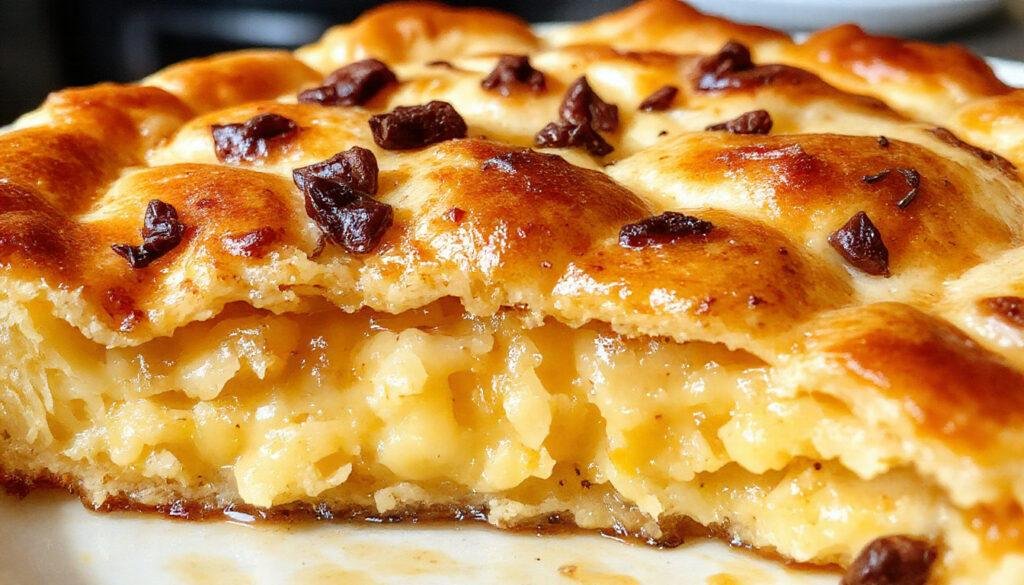 A golden-brown Kerry pie with a flaky, buttery crust sitting on a rustic wooden table. The pie filling is visible through a small cut in the crust, revealing a rich, fruity filling with hints of caramelized topping. The scene is warm and inviting, emphasizing the homemade texture and inviting appeal of the pie.