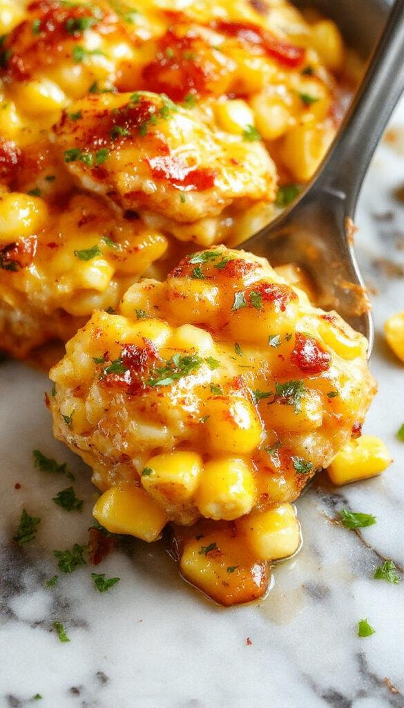 A golden honey-glazed corn casserole in a rustic baking dish, topped with a sprinkling of fresh herbs and a glossy sweet glaze