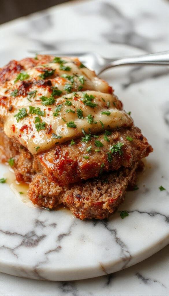 A delicious homemade meatloaf glazed with ketchup, served sliced on a rustic plate with mashed potatoes and green beans.