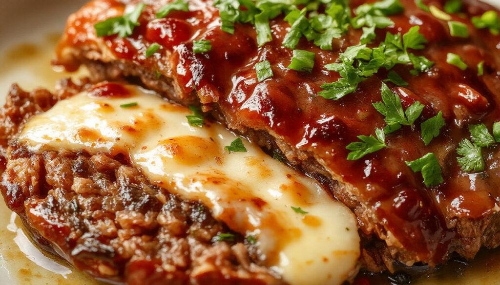 A perfectly sliced meatloaf resting on a white plate, glazed with a rich tomato-based sauce. The slices reveal a moist, tender interior with a combination of ground beef, breadcrumbs, and herbs. Fresh parsley is sprinkled on top, with a side of mashed potatoes and green beans providing a colorful and inviting presentation. The dish is garnished neatly, emphasizing its hearty and comforting appeal.