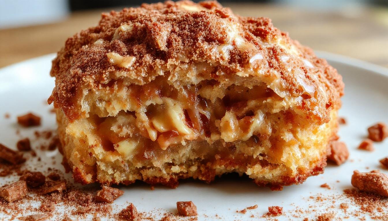 A golden-brown apple crumb cake topped with a swirl of cinnamon drizzle, sliced to reveal a moist apple-filled interior with a crunchy crumb topping, presented on a rustic wooden table.