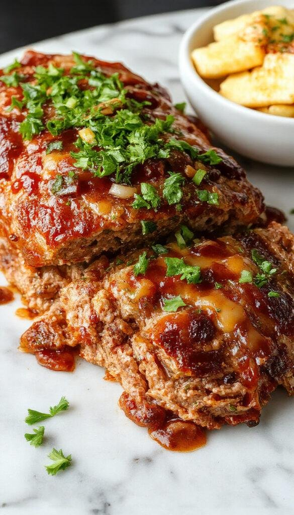 A delicious sliced BBQ Bacon Cheddar Meatloaf served on a plate with a side of vegetables, topped with crispy bacon and melted cheese.