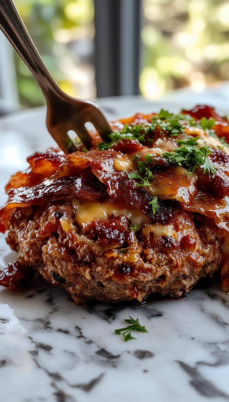 A mouthwatering bacon cheeseburger meatloaf sliced open to reveal melted cheese, crispy bacon topping, and a juicy meat interior garnished with fresh herbs.