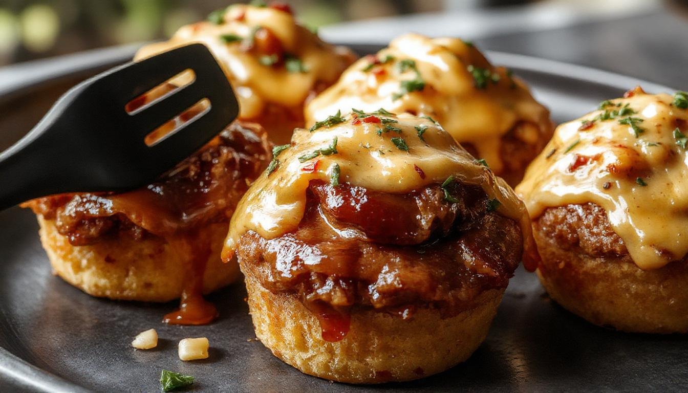 A tray of individual meatloaf cupcakes garnished with crispy bacon strips and a drizzle of smoky barbecue sauce, topped with chopped herbs. The cupcakes are golden-brown with a slightly caramelized crust, nestled in paper liners on a rustic wooden surface with scattered ingredients in the background.