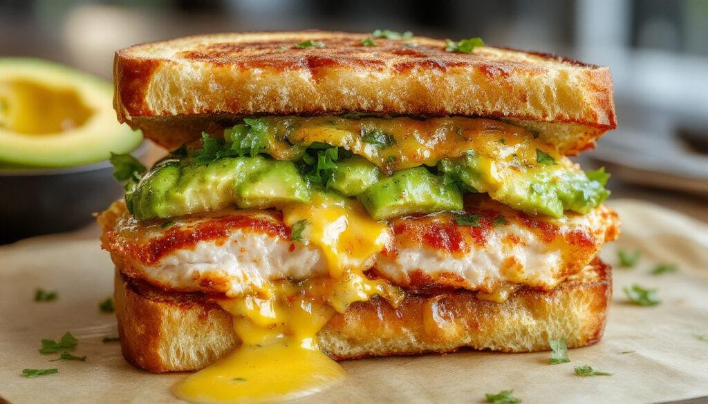 A close-up of a toasted sandwich with golden-brown crust, filled with creamy avocado slices, tender grilled chicken, and melted cheese, garnished with fresh herbs on a rustic wooden board.