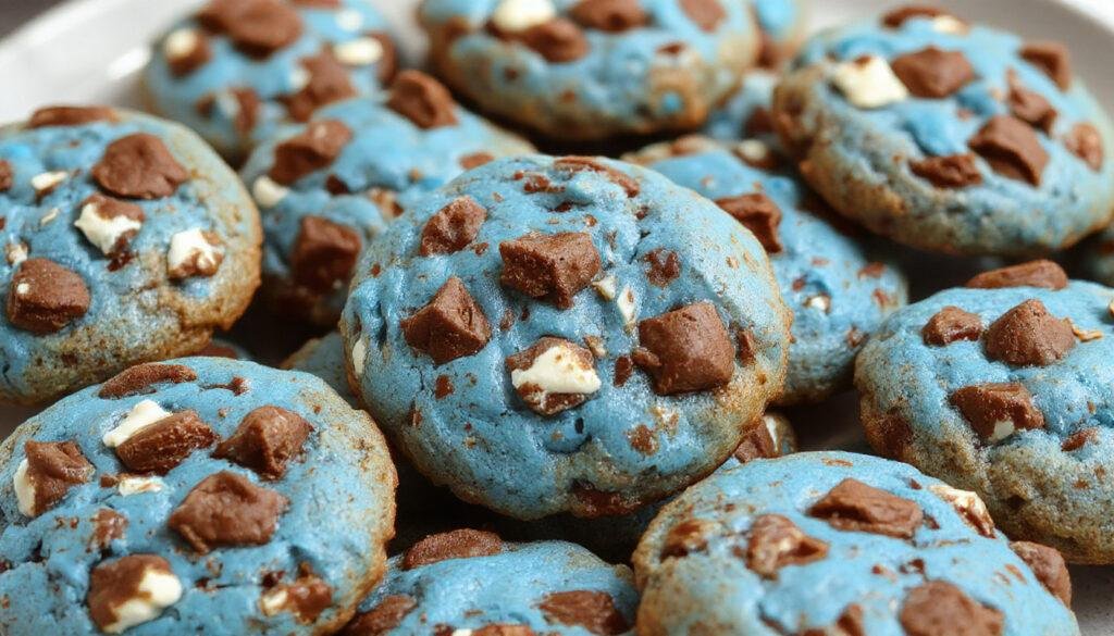 A close-up of vibrant blue cookie monsters shaped cookies with white chocolate chip eyes, arranged on a rustic wooden platter. The cookies are soft, round, and slightly glossy with a chewy texture, accented by the expressive white chocolate chip eyes giving them a playful character.