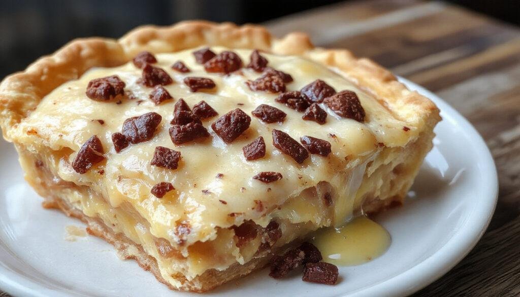A golden-brown Kerry Pie with a lattice crust sits on a rustic wooden table, steam gently rising from the flaky pastry. Fresh berries and mint leaves garnish the plate, highlighting the pie's fruity filling peeking through the lattice.