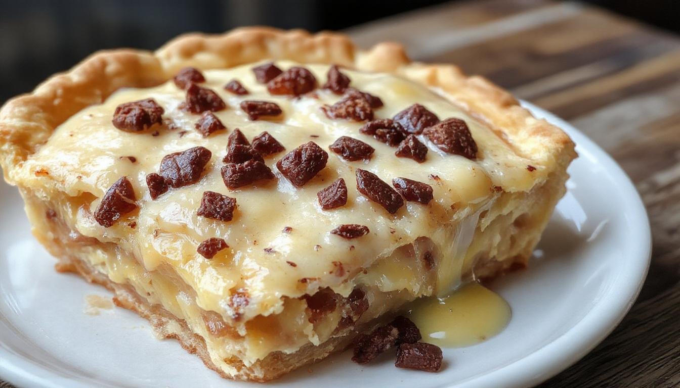 A golden-brown Kerry Pie with a lattice crust sits on a rustic wooden table, steam gently rising from the flaky pastry. Fresh berries and mint leaves garnish the plate, highlighting the pie's fruity filling peeking through the lattice.