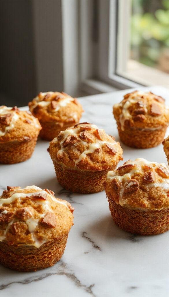 Golden pumpkin streusel muffins with cream cheese filling drizzled with caramel sauce, garnished with cinnamon and powdered sugar.