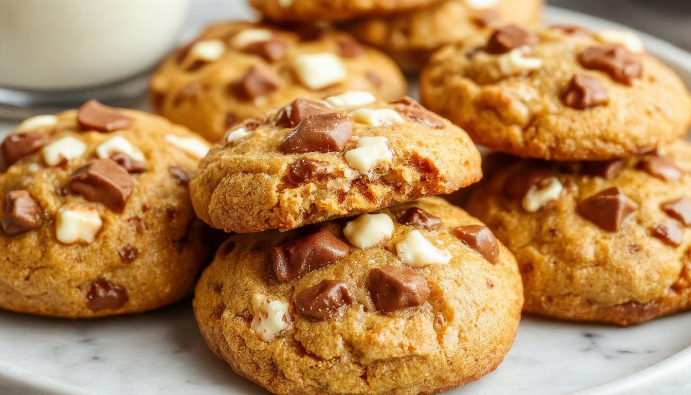 A close-up of a freshly baked pumpkin white chocolate chip cookie positioned on a rustic wooden surface. The cookie is golden-brown with visible white chocolate chips and bits of pumpkin, slightly cracked on top revealing a soft, moist interior. In the background, there are more cookies partly stacked, with hints of autumn-themed decorations like mini gourds and cinnamon sticks, creating a warm, cozy fall ambiance.