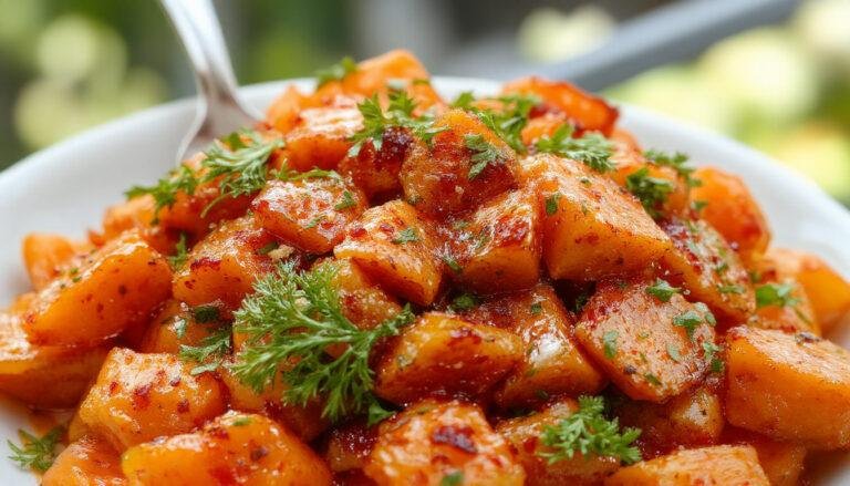 A close-up of vibrant orange smashed carrots arranged on a rustic white plate, garnished with fresh herbs. The carrots are crispy and slightly caramelized, with visible charred edges that highlight their roasted texture. The background features a wooden table with scattered herbs and a drizzle of glaze, emphasizing a warm, inviting plating style.