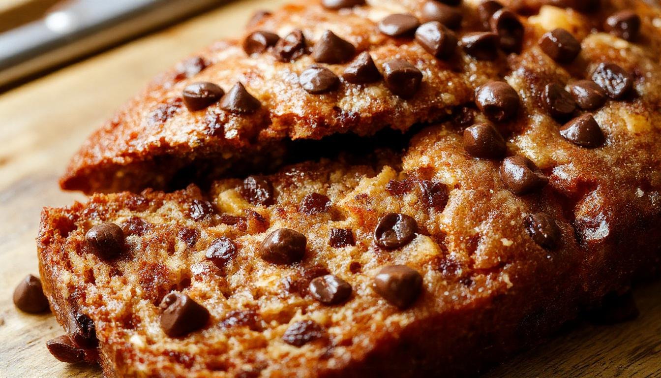 A golden-brown banana bread loaf topped with melted chocolate chips, sliced to reveal a moist interior filled with banana chunks and chocolate. The loaf is set on a rustic wooden surface, with a few chocolate chips sprinkled around, emphasizing the rich, inviting texture and indulgent appeal.