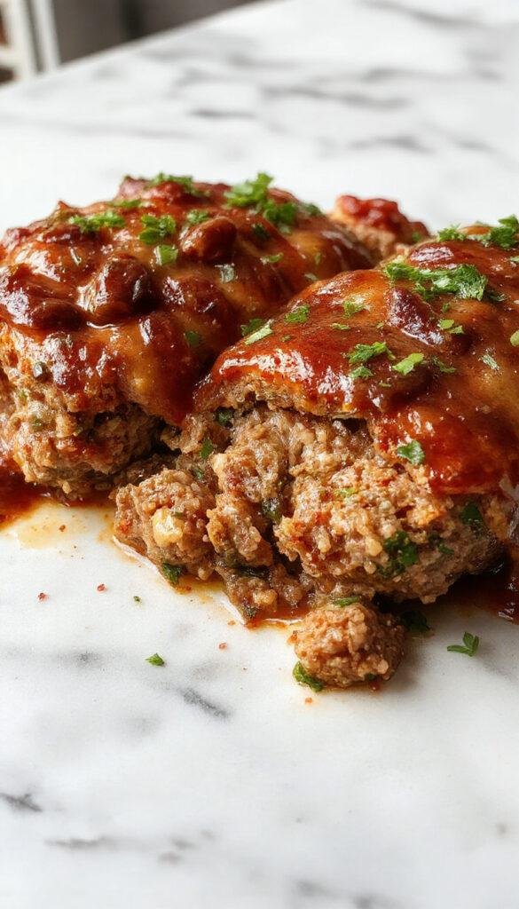 A hearty slices of Joanna Gaines' Homestyle Meatloaf served with mashed potatoes and fresh green beans on a rustic plate.