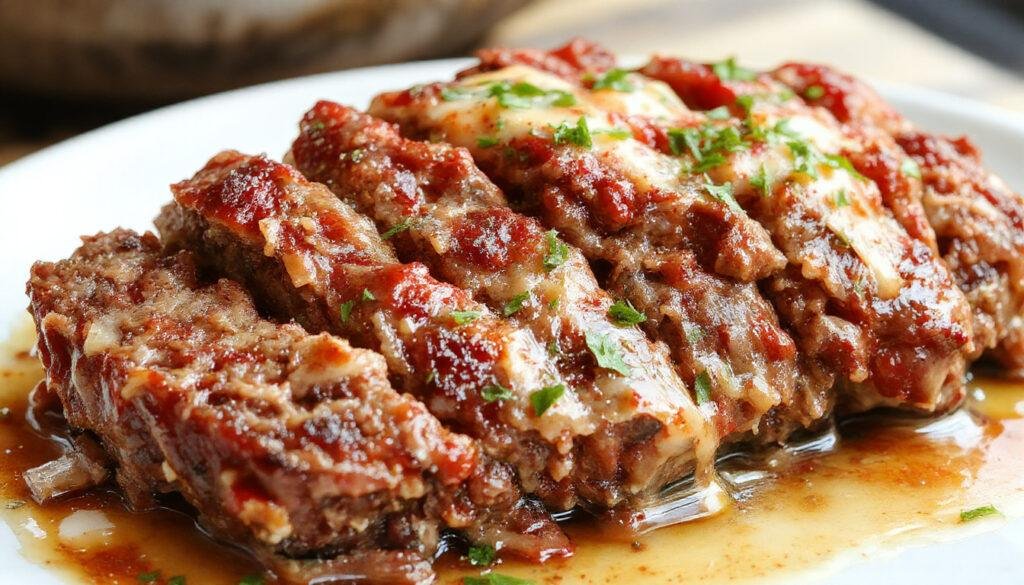 A rustic ceramic plate holds a generously sliced homestyle meatloaf topped with a glossy brown glaze. The slices reveal a moist, tender interior with bits of vegetables and herbs visible. Garnished with fresh parsley, the dish is presented against a cozy wooden table setting, with a side of mashed potatoes and a drizzle of gravy, evoking warm comfort.
