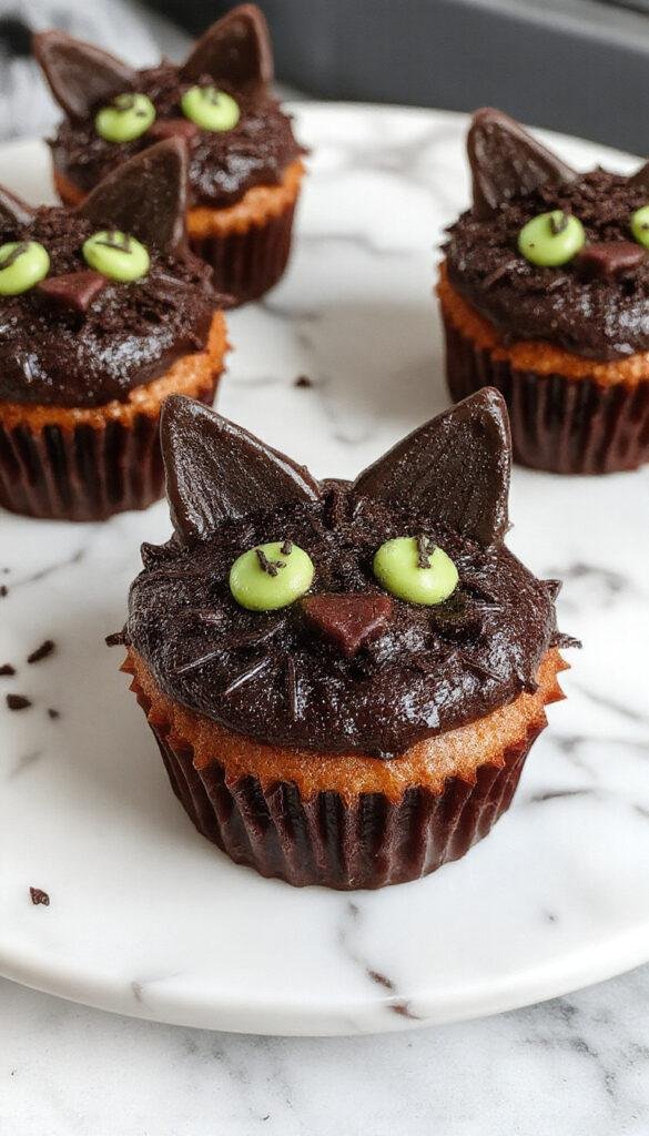 A tray of spooky black cat-themed keto cupcakes decorated with eerie icing and tiny sugar eyes for a Halloween treat.
