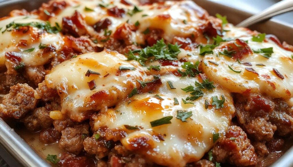 A golden-brown loaded potato meatloaf casserole topped with melted cheese, crispy bacon bits, and chopped green onions. The casserole is served in a rustic white dish, revealing layers of mashed potatoes, seasoned ground meat, and melted cheese, garnished with fresh herbs.