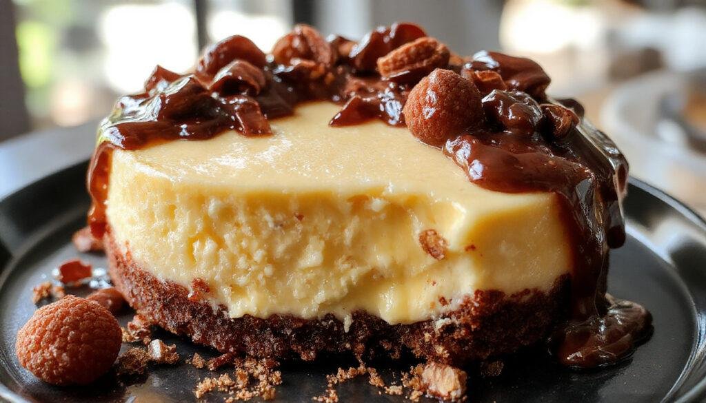 A creamy Butterbeer Cheesecake topped with fluffy whipped cream and caramel drizzle, garnished with tiny edible gold stars and a caramel stick, set on a rustic wooden table with Hogwarts-themed decorations in the background