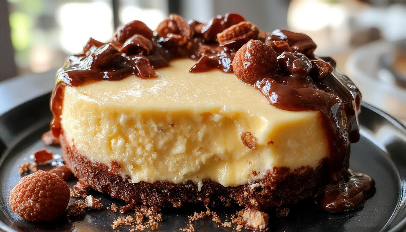 A creamy Butterbeer Cheesecake topped with fluffy whipped cream and caramel drizzle, garnished with tiny edible gold stars and a caramel stick, set on a rustic wooden table with Hogwarts-themed decorations in the background