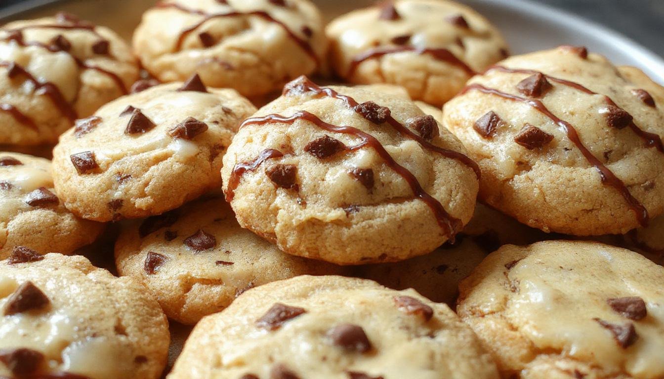 A close-up of golden-brown Butterbeer cookies arranged on a rustic wooden platter, with visible swirls of caramel and a dusting of powdered sugar on top, highlighting their soft and chewy texture, with a hint of vanilla and butterscotch aroma.