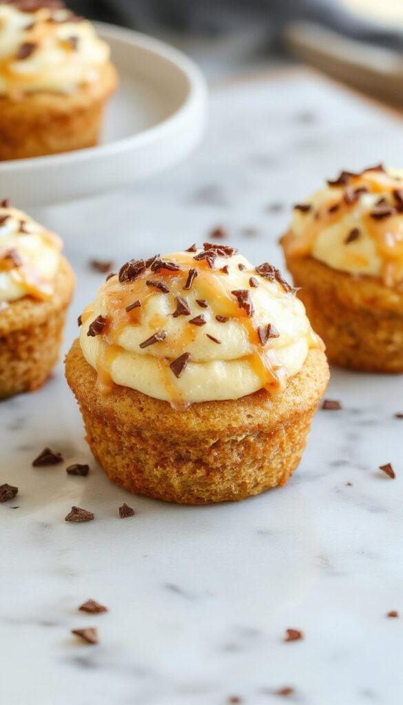 A magical display of Butterbeer cupcakes featuring golden frosting swirls, caramel drizzle, and decorative wizard-themed toppers on a whimsical table.