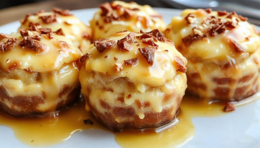 A creamy, golden-brown pudding topped with swirls of whipped cream and caramel drizzle, served in a clear glass dish. The smooth surface reflects soft lighting, with hints of vanilla and caramel tones emphasizing its rich texture.