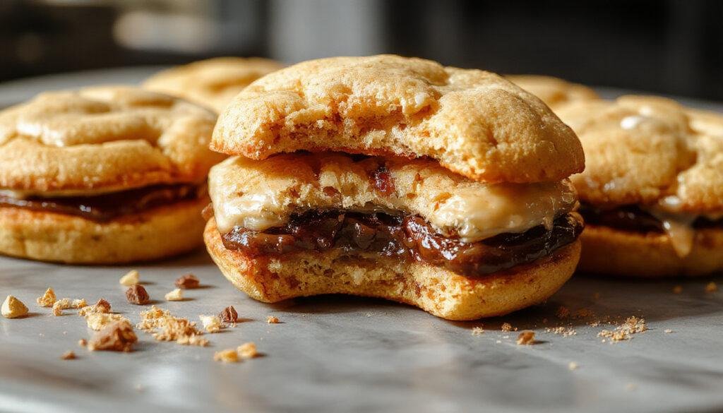 A close-up of two golden-brown sandwich cookies filled with creamy butterbeer-flavored filling, neatly stacked with a slight filling visible from the sides. The cookies have a smooth, slightly textured surface, and are presented on a rustic wooden plate with a blurred background that suggests a cozy, inviting atmosphere.