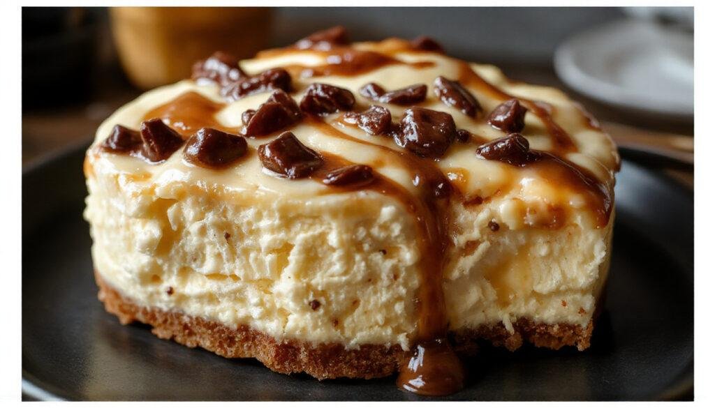 A luscious slice of butterbeer swirl cheesecake on a white plate, featuring a golden-brown crust and creamy filling with a distinctive caramel swirl pattern on top, garnished with a drizzle of caramel sauce and a small sprig of mint. The background showcases a rustic wooden table with soft, warm lighting highlighting the rich textures and inviting colors of the dessert.