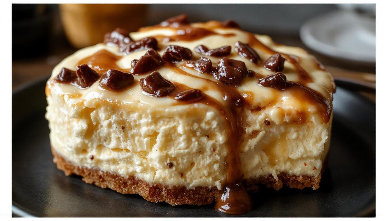 A luscious slice of butterbeer swirl cheesecake on a white plate, featuring a golden-brown crust and creamy filling with a distinctive caramel swirl pattern on top, garnished with a drizzle of caramel sauce and a small sprig of mint. The background showcases a rustic wooden table with soft, warm lighting highlighting the rich textures and inviting colors of the dessert.