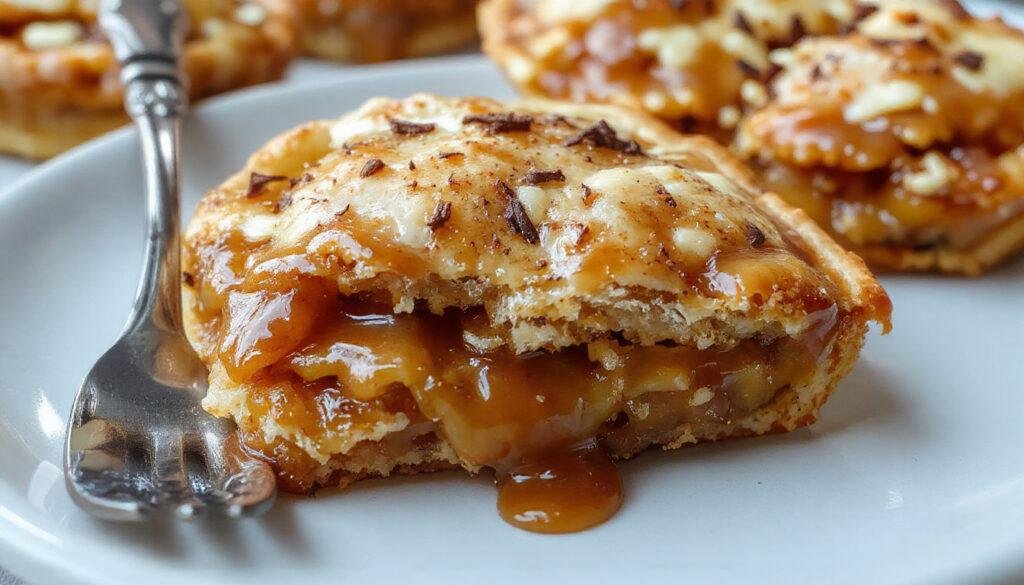 A golden-brown caramel apple pie topped with a whimsical Harry Potter-themed decoration, sliced open to reveal tender caramelized apple filling inside a flaky crust, served on a rustic plate with a sprinkle of cinnamon and a drizzle of caramel sauce.