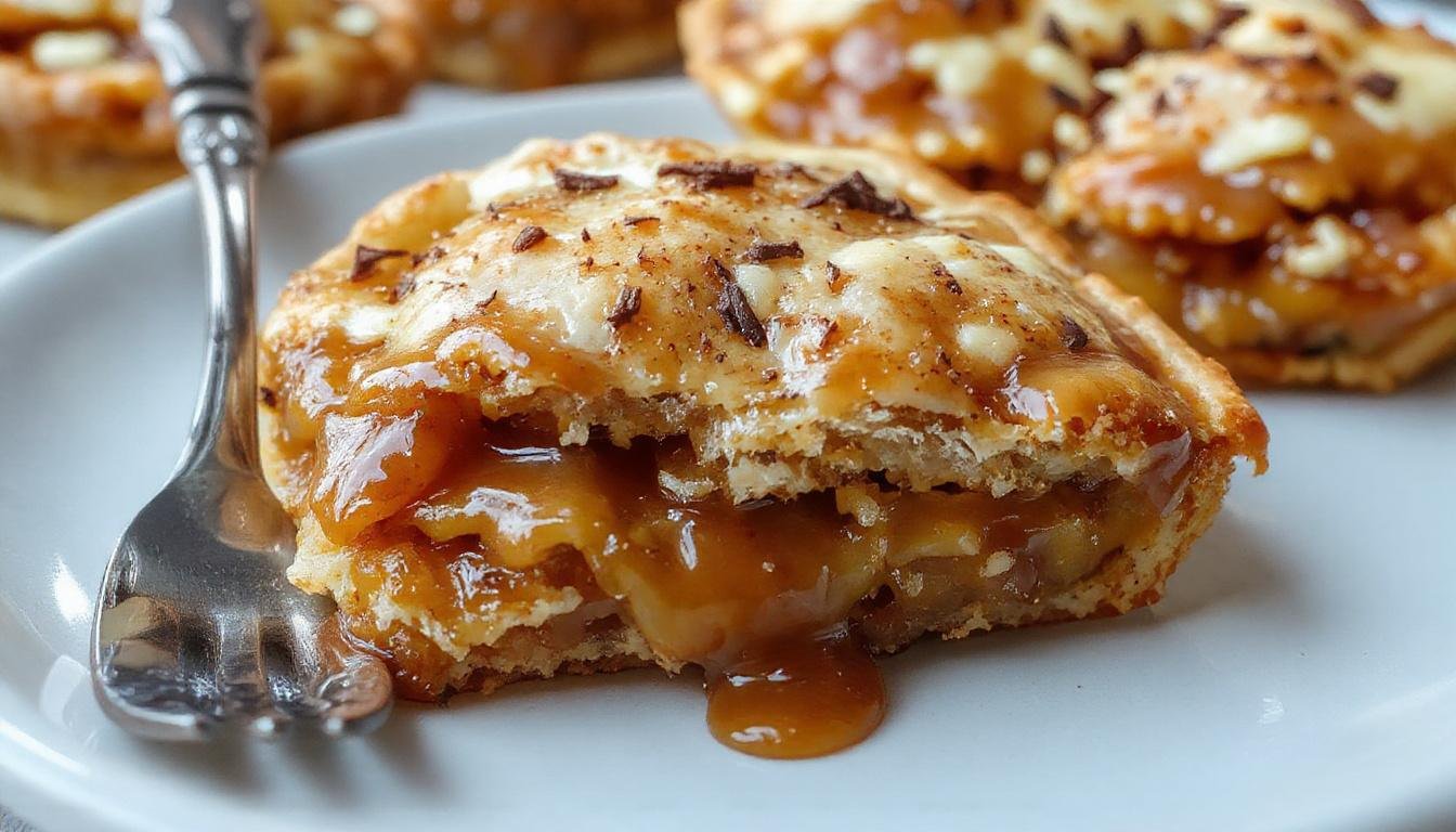 A golden-brown caramel apple pie topped with a whimsical Harry Potter-themed decoration, sliced open to reveal tender caramelized apple filling inside a flaky crust, served on a rustic plate with a sprinkle of cinnamon and a drizzle of caramel sauce.