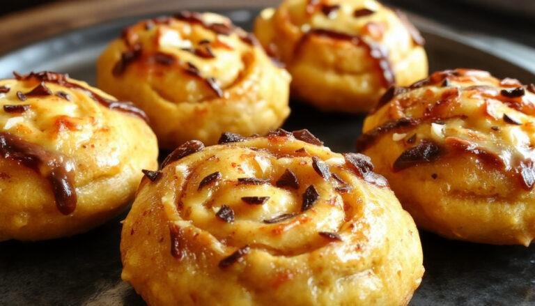 Golden-brown pumpkin pasties with a flaky, glossy crust, visible filling peeking through a small slit, arranged on a rustic plate garnished with cinnamon sticks, creating a cozy and magical tea-time scene.