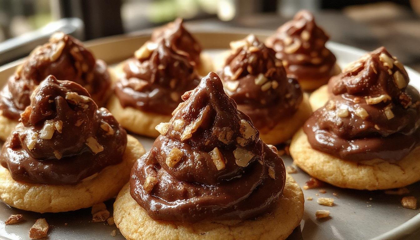 A close-up of Harry Potter Sorting Hat Cookies featuring a detailed chocolate-hued hat with a golden tassel, positioned on a white ceramic plate; in the background, a few cookies reveal colorful surprise centers visible through small openings, all set against a dark wooden table for a magical atmosphere.
