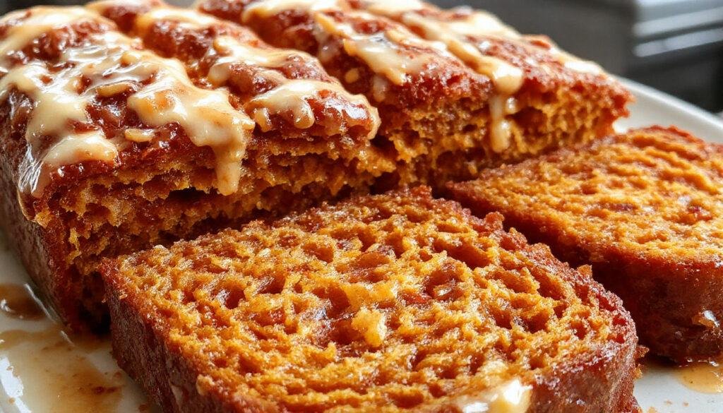 A rustic loaf of pumpkin bread drizzled with a shiny maple glaze, sliced to reveal a moist, spiced orange-orange crumb. The bread is garnished with a light dusting of cinnamon on a wooden cutting board, with autumn leaves in the background.