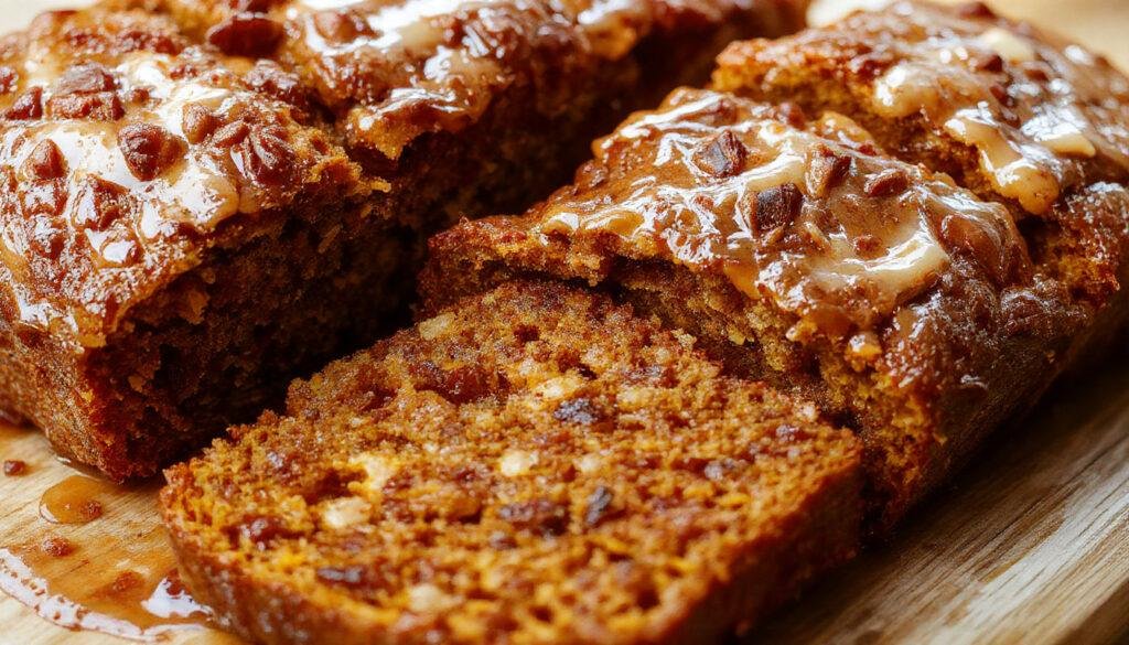 A sliced loaf of pumpkin bread topped with a glossy maple glaze, highlighting its golden-brown crust and moist interior with visible pumpkin specks. The bread is garnished with a light drizzle of maple syrup and a sprinkle of cinnamon, displayed on a rustic wooden platter with a few pumpkin seeds scattered around. The background features a cozy autumn setting with warm lighting.