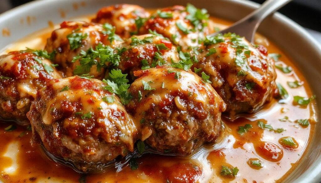 A close-up of a bowl filled with golden-brown homemade meatballs, glazed with a rich tomato sauce. The meatballs are arranged attractively, with steam gently rising, highlighting their juicy texture and crispy exterior. The background features a rustic wooden surface, enhancing the warm, inviting feel of the dish.