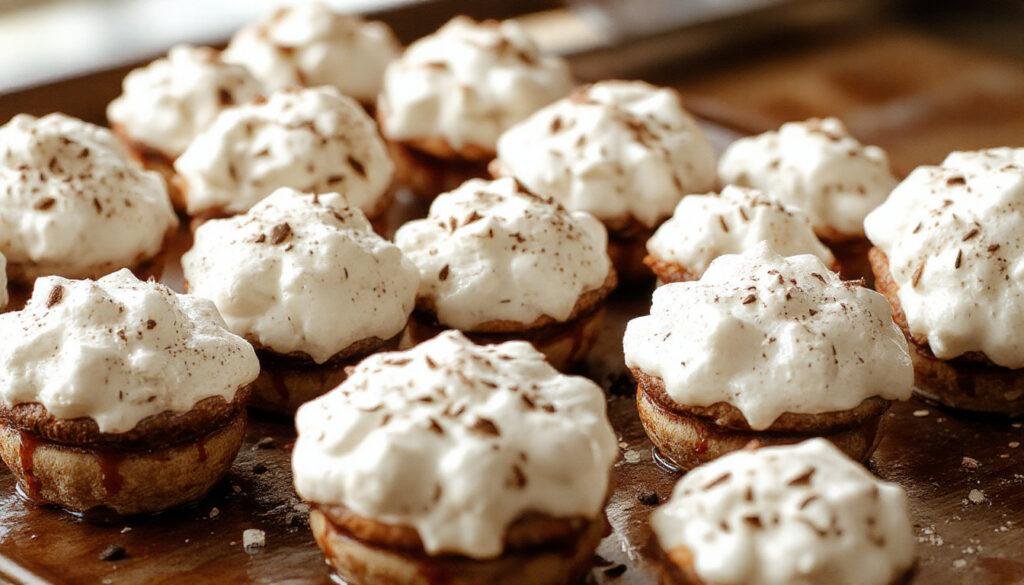 A close-up of crisp, white meringue mushrooms arranged on a festive platter, with delicate ridges and smooth caps resembling real mushrooms, set against a holiday-themed backdrop with touches of red and green decorations.